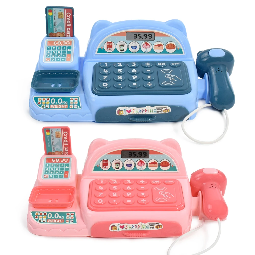 Children's Mini Cash Register With Scanner Montessori Supermarket Play House Game Lights Sound Kids Toys Boy Girl Birthday Gift