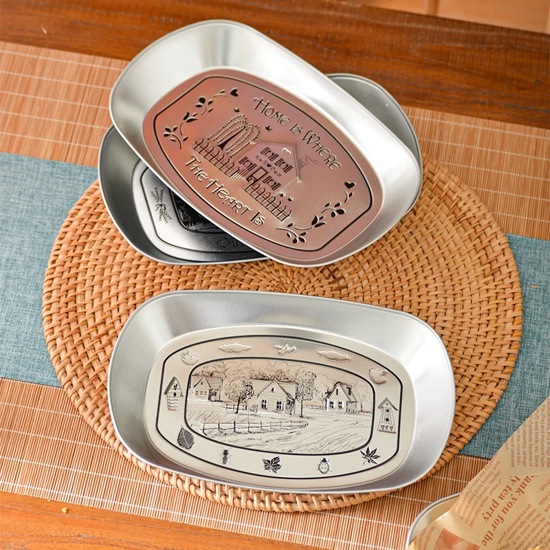 Plato de Hierro Creativo Retro Estilo Americano para Papas Fritas, Pollo Frito y Aperitivos, Plato de Metal Estilo Coreano, F...