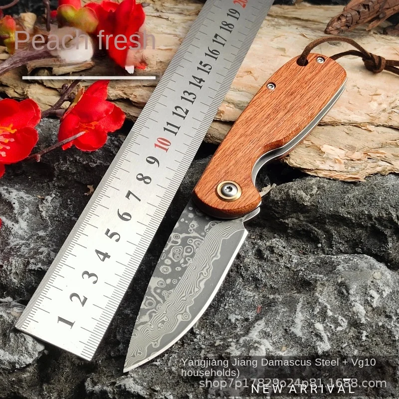 

Damascus steel high hardness sharp camping portable fruit knife clip steel pear wood handle outdoor folding knife