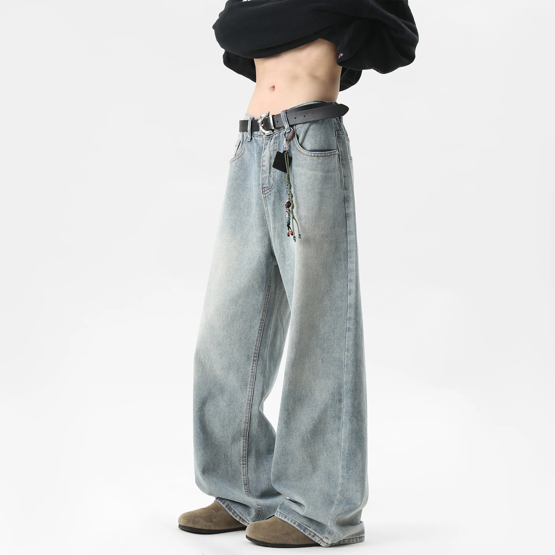 Men Light Blue Black Solid Color Loose Simple Basic Daily Casual Trendy Jeans Pants Four Seasons Fashion Male Bottom Clothes