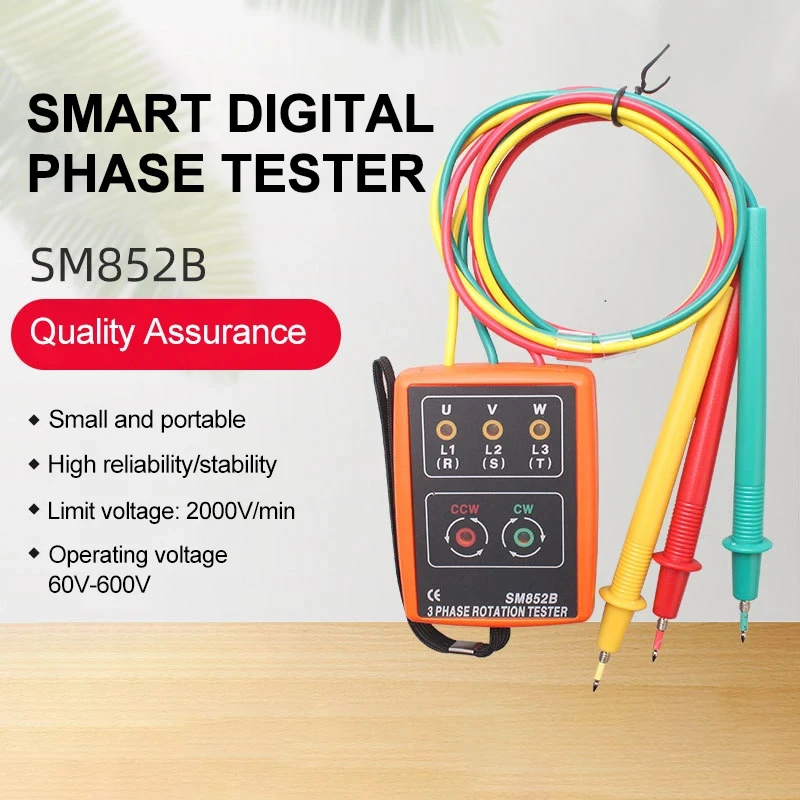 60V~600V AC 3 Phase Rotation Tester Digital Phase Indicator Detector LED Buzzer Phase Sequence Meter Voltage Tester SM852B