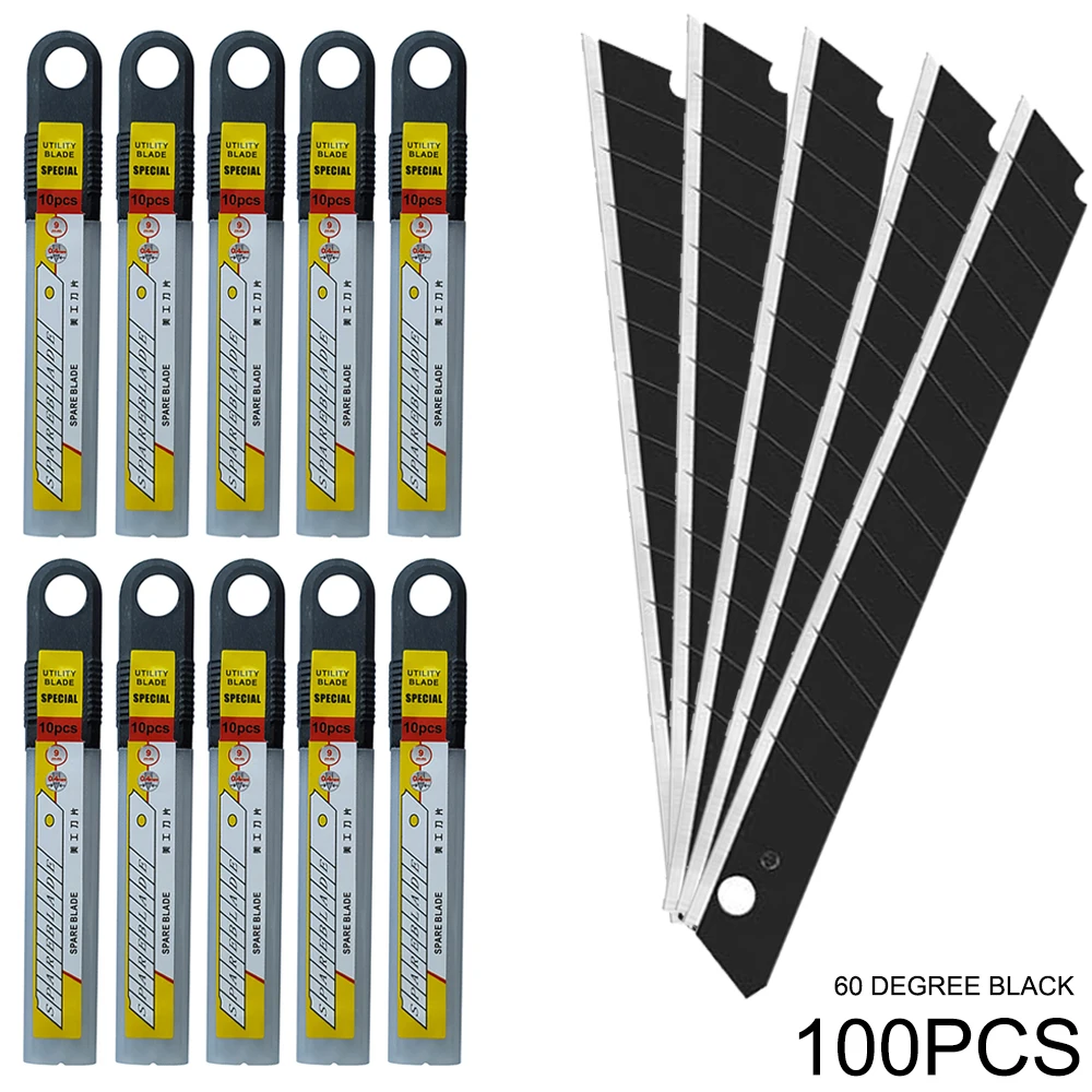 100pcs Vinyl Carbon Steel Blade 30/60 Degree Car Wrap Sticker Paper Cutter Utility Art Knife Blade Auto Tint Cutting Tool E03B