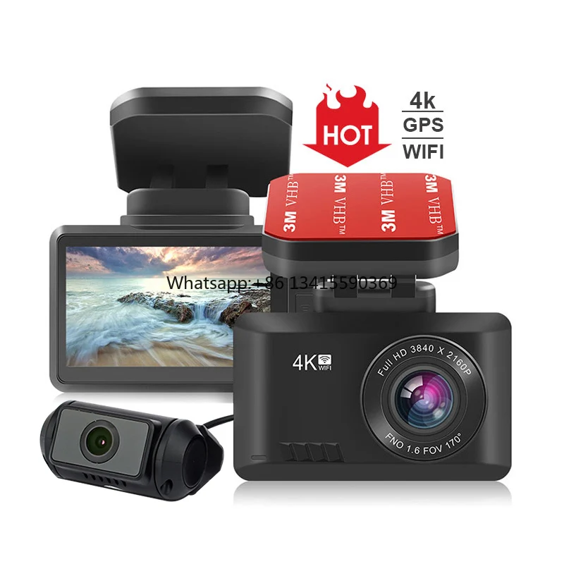 

2,45-дюймовая видеорегистратор Novatek 96670, автомобильная видеорегистратор с двумя объективами камеры, 4K 2160P + 1080P с Wi-Fi, GPS