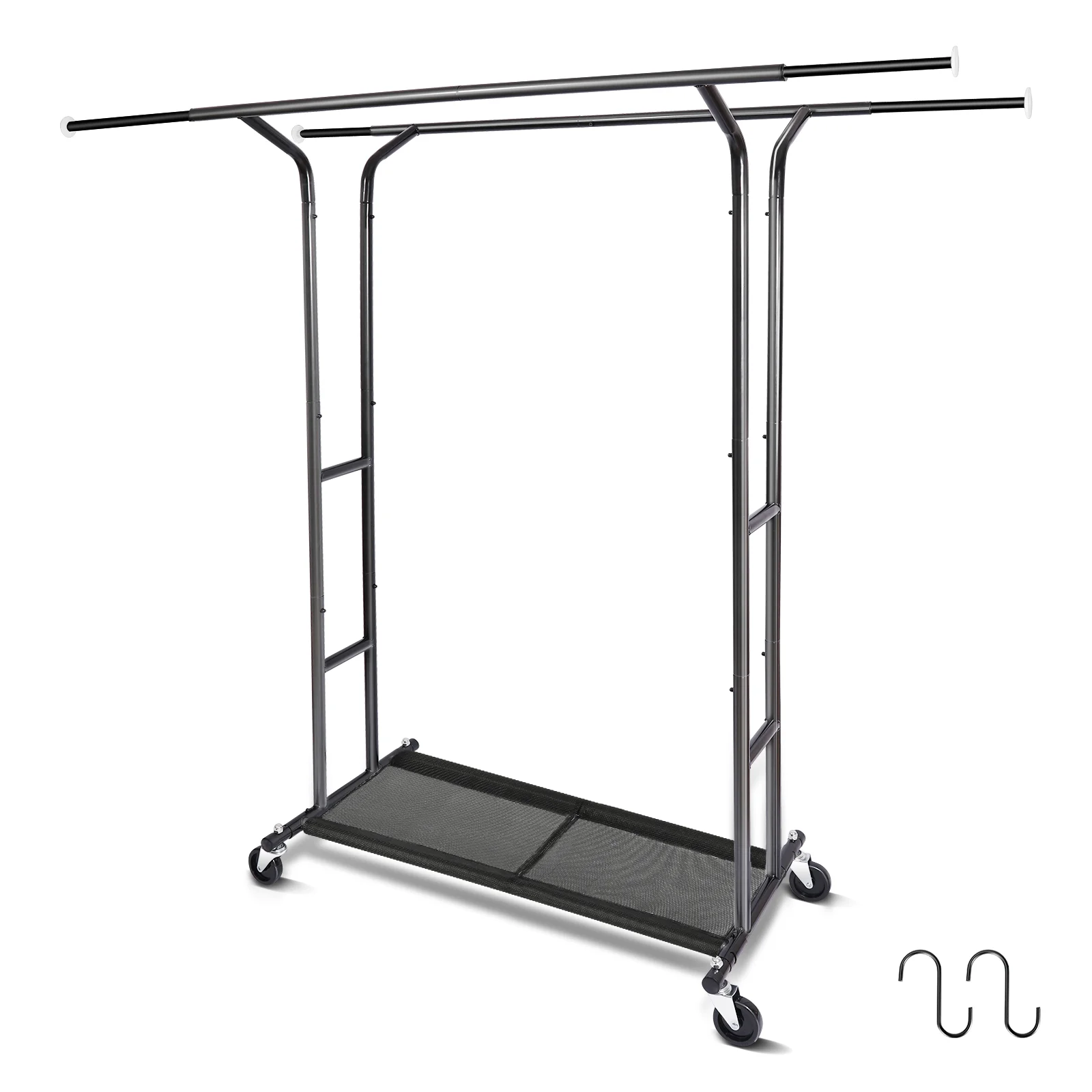 

Black heavy duty standard storage items horizontal horizontal parallel double pole metal bearing clothing rack