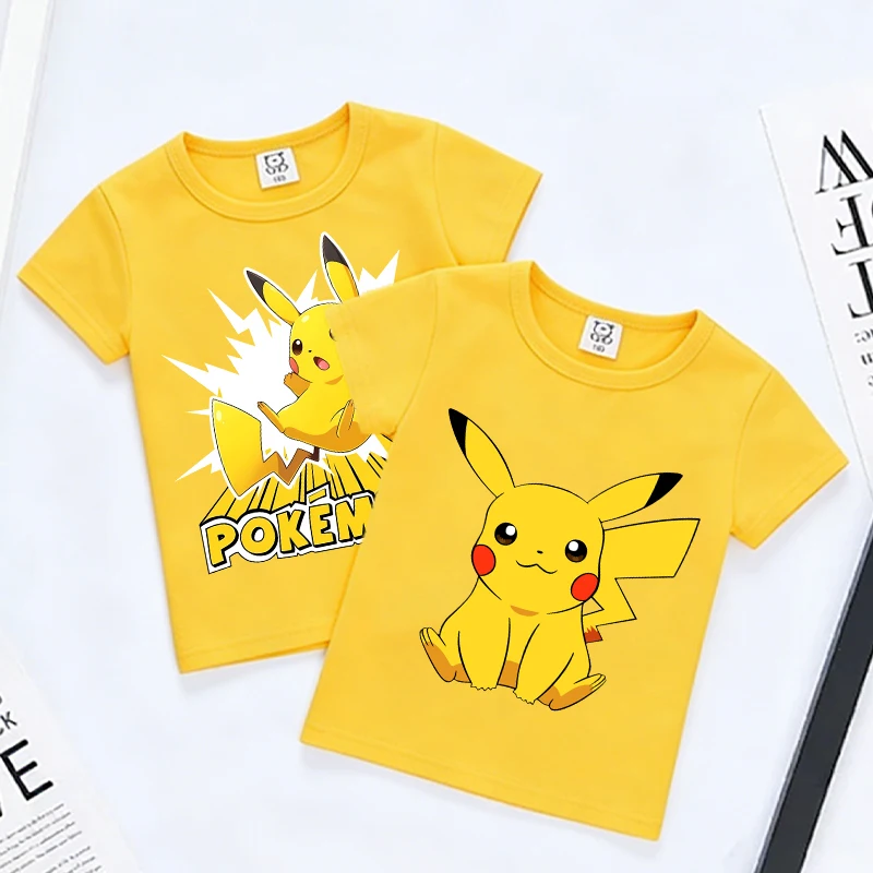 

Pokemons Cute Kids T-shirt Anime Game Cartoon Cotton Boys Girl Toddler Tees Streetwear Short Sleeve Pikachus Yellow Clothes Tops