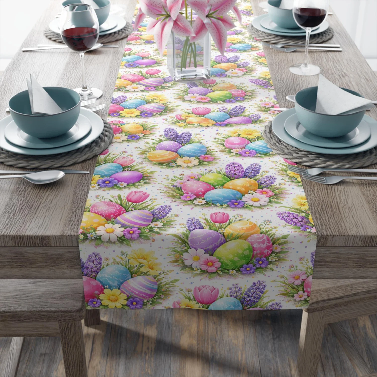 Oster-Tischläufer Pastellfarbene Eier Blumenmuster Frühlings-Esstisch-Dekoration