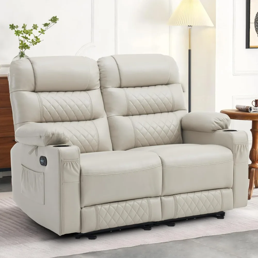 Electric Reclining Loveseat Sofa with Heat and Vibration, Cup Holders, USB Charge Port, Faux Leather Reclining Sofa for Living