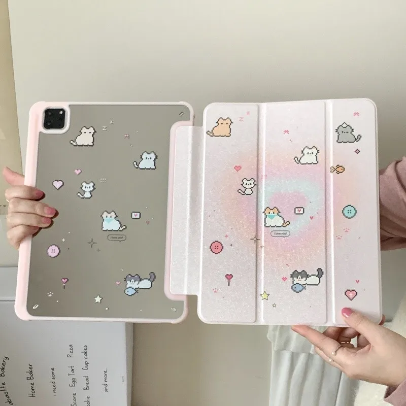 Tri-fold Mirror Stand Pencil Holder Kawaii Pixel Cat Tablet Case for iPad 7/8/9th 10.2in Air3/4/5 10th Gen Pro 10.5/10.9in Cover