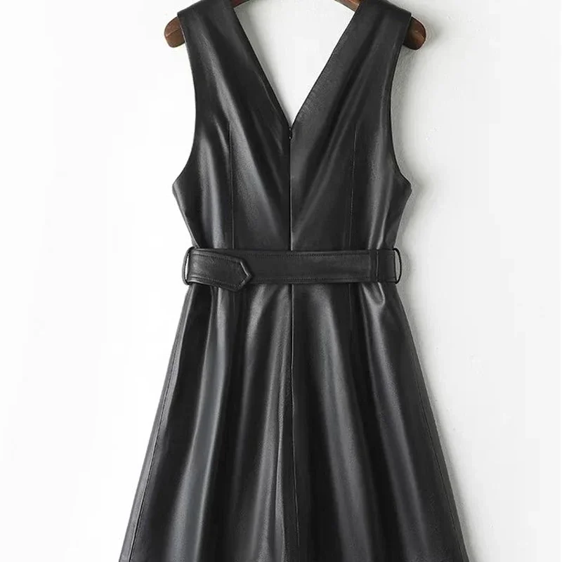 Vintage Matte Leather Dress Women Casual V Neck PU Tank Dress with Belt Ladies Chic Sleeveless Mini Dress Party Pocket Custom