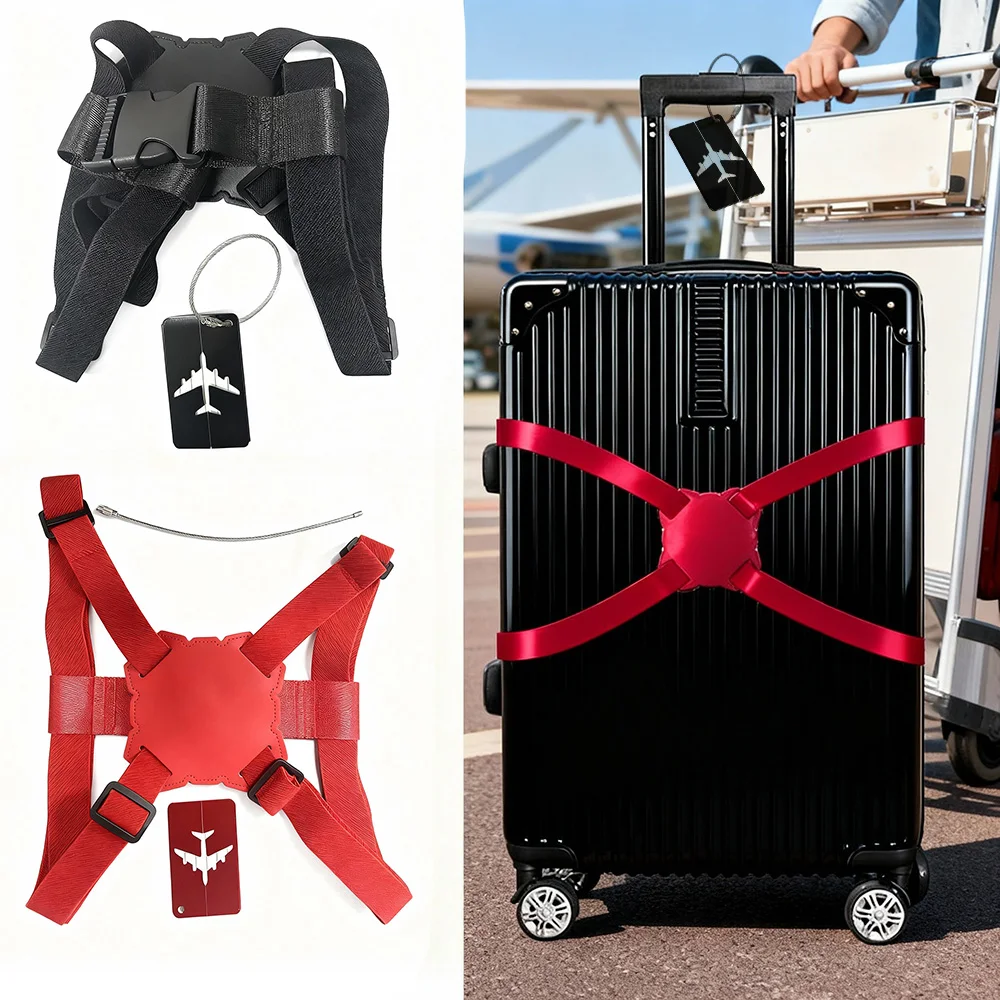 2Pcs/Set Combination Set of Outdoor Travel Luggage Tags and Luggage Straps, Thickened Elastic Suitcase Wrapping Straps and Aluminum Alloy Luggage Tags, Suitable for Travel and Back-To-School Luggage Storage