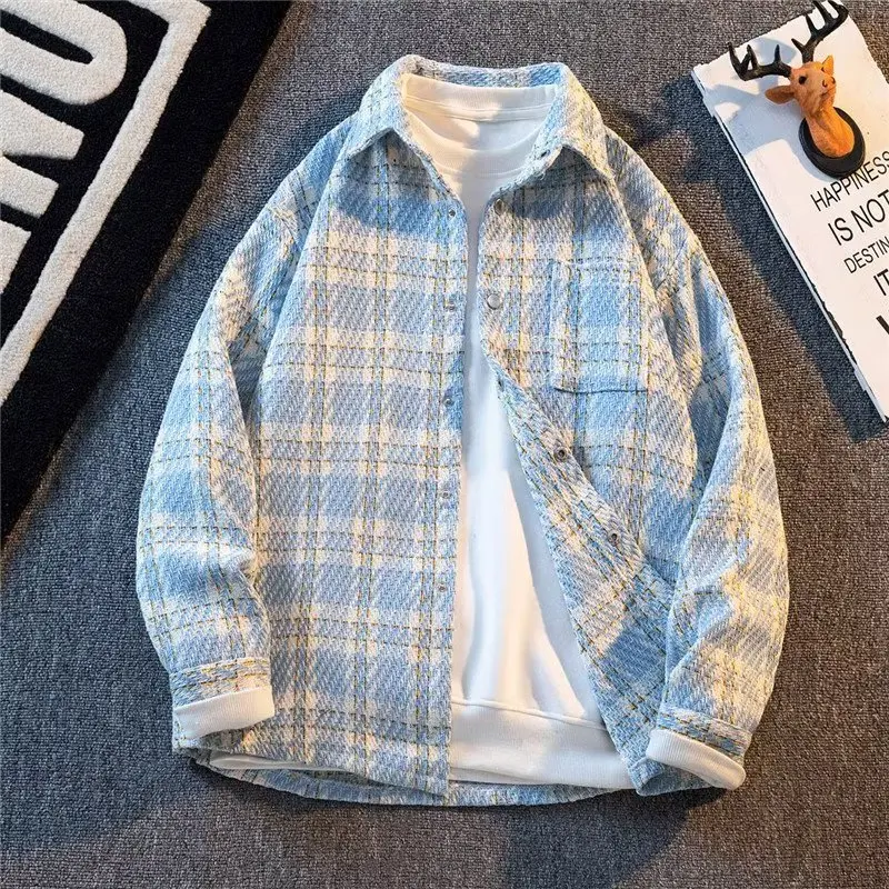 

Мужская модная осенняя верхняя одежда: свободная вязаная рубашка в клетку, молодежная повседневная классическая модель с длинным рукавом на пуговицах из полиэфирного волокна