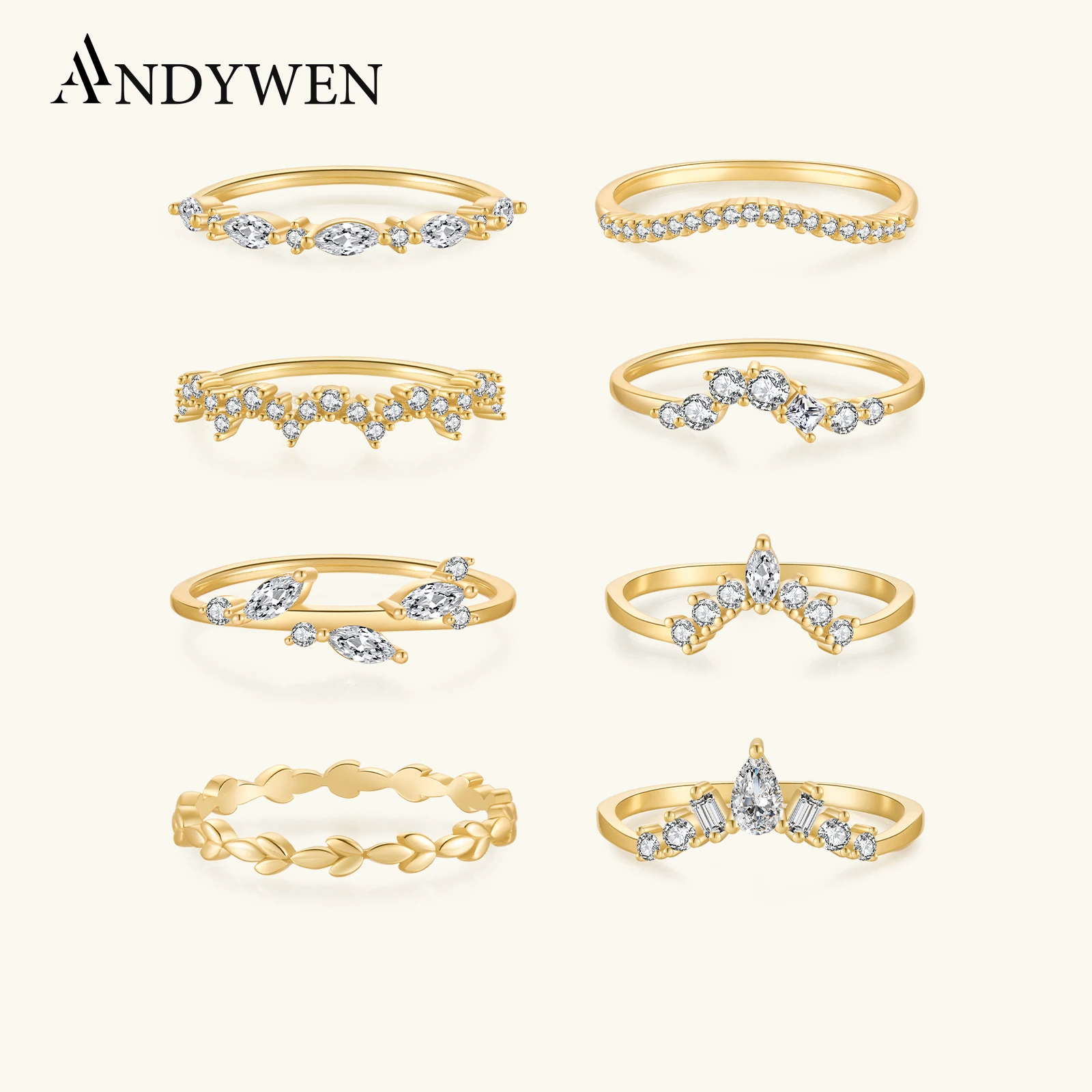 ANDYWEN 925 Sterling Silver wielu niestandardowych zakrzywione Wisp zespół Petite przez buchel pierścień luksusowe kobiety w porządku biżuteria ślubna