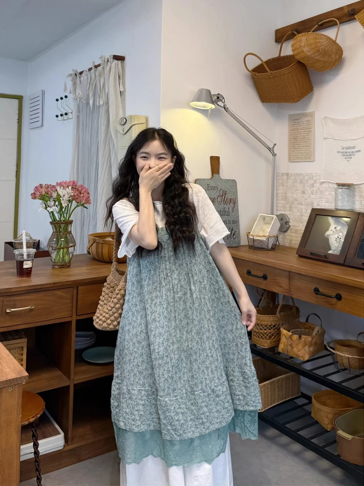 

Новое летнее платье в ретро-стиле с цветочным кружевом и бретелями, женское, свободного кроя, с завышенной талией, повседневное, без рукавов, полностью закрывающее тело