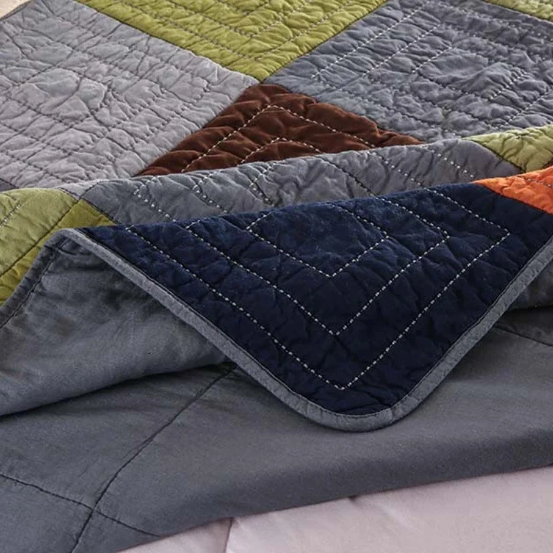 Handmade Patchwork Plaid Quilt Set 3-Pieces King Size 100% Cotton Breathable Bedspread for Bed All Season Home Decor Coverlet 6