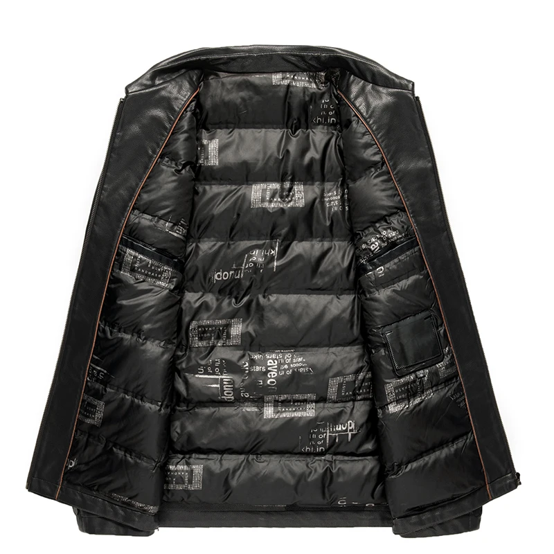 YN-2285 Winter Herren Revers Leder Daunenjacke Mode Lässig Weiße Ente Daunenfutter Gefüllt Warm Schwarz Seeblau Dicker Mantel