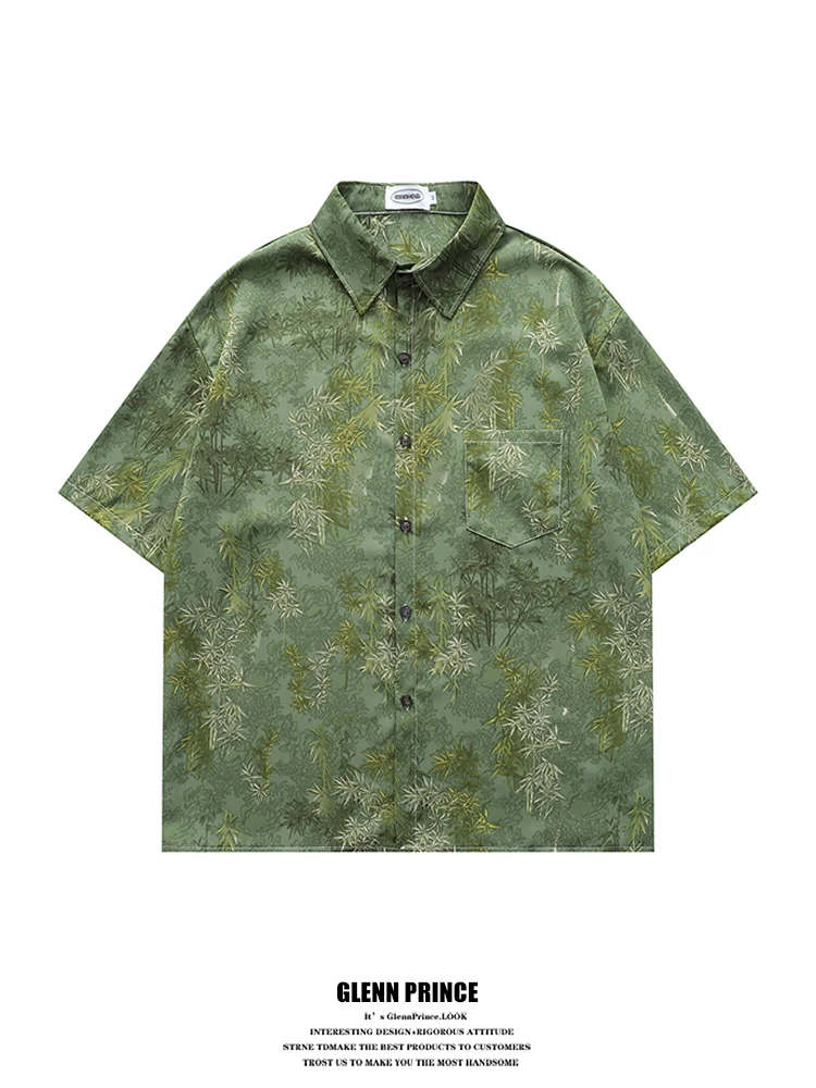 

GPstudio Men's Casual Short Sleeve Shirt Bamboo Print Summer Beach Skin-friendly Cool Feeling Polyester Fiber Loose Fit Shirt