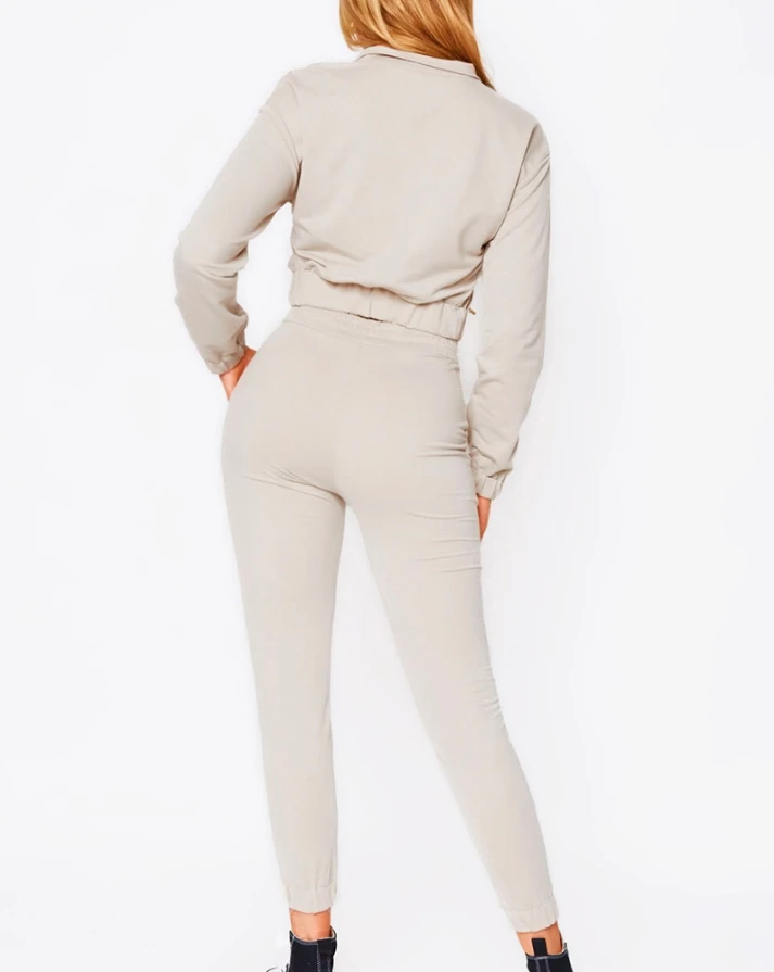 Women's Casual Cmmuting Two-piece Set Solid Long Sleeve Fitting Zipper Splicing Jacket Tops and Drawstring Cuffs Pants Suit Sets