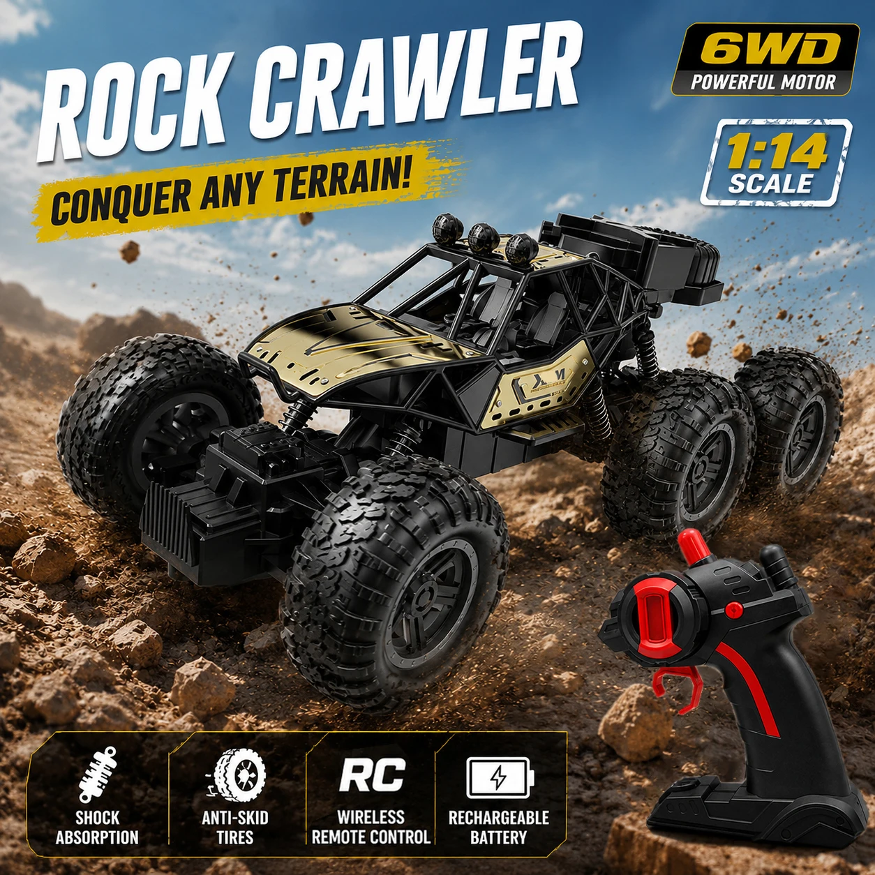 1:14 RC Rock Crawler, 6WD Alloy Metal Off Road Remote Control Car, All Terrain Climbing Truck, High Suspension Toy Gift for Kids