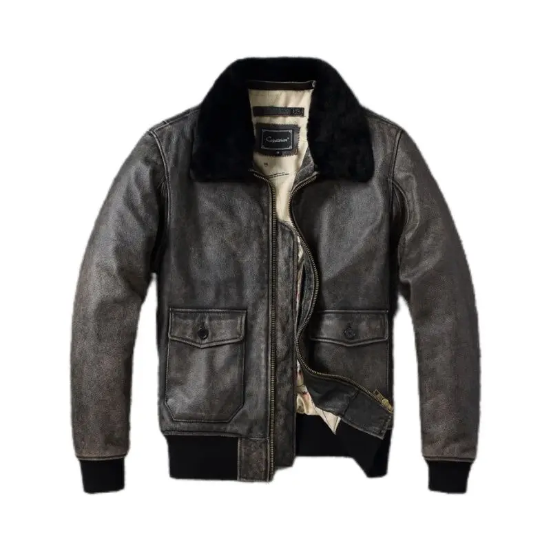 سترة بومبر G1 من جلد البقر الفاخر للرجال، سترة طيران كبيرة الحجم مبطنة بالقطن مع ياقة قابلة للطي #5