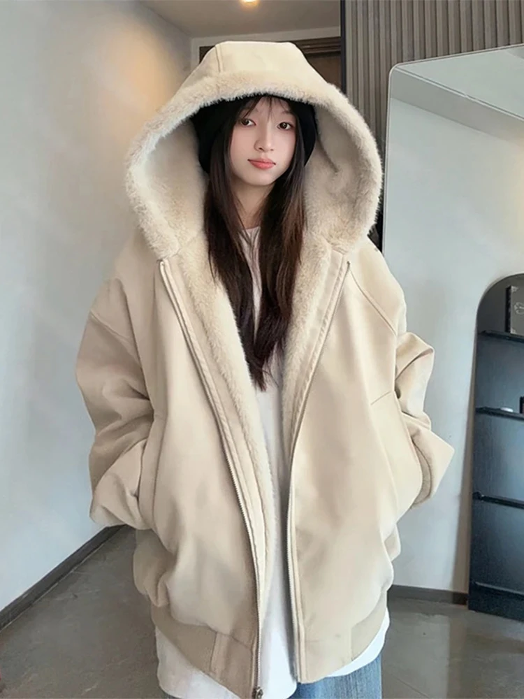 

Litchi Pattern Leather Jaet Thiened Fce Lined ex Winter Coat American Sle Fur Collar Cotton Clothes for Teens