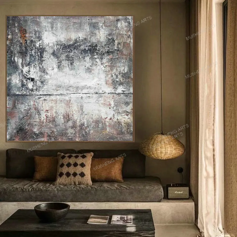 

Handmade Abstract Artistic Conception Painting Acrylic Textured Gray White Canvas Wall Art for Living Room Decoration