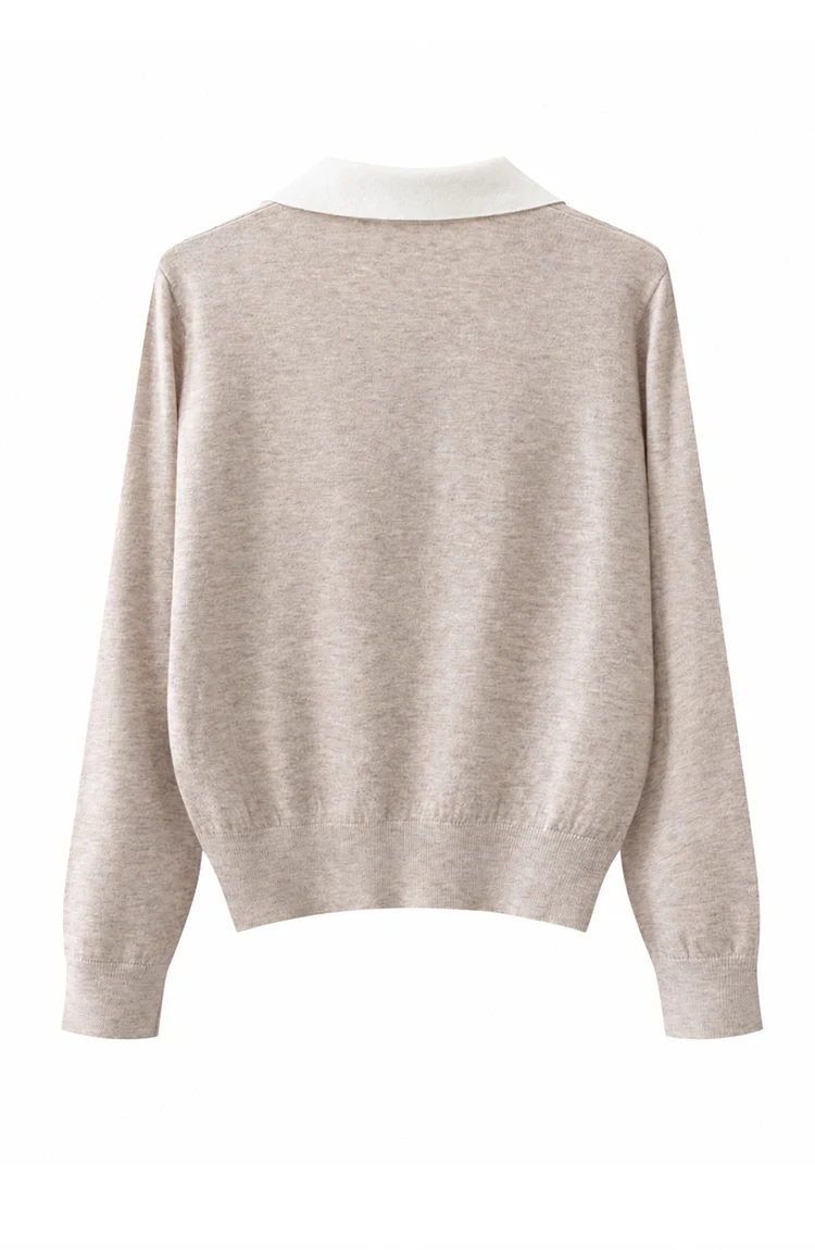 ML62115 Damen-Pullover mit Polokragen, Langarm, Strickpullover mit Kontrastkragen, Modal-Mischung mit Schal, lässiger Pullover für den Frühherbst – Detail 11