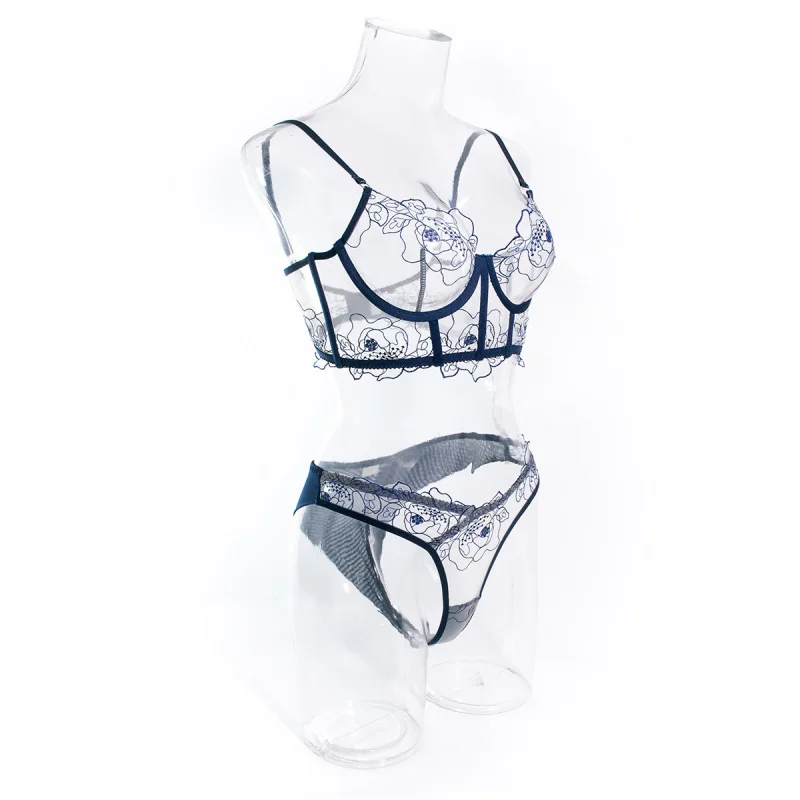 Navy Blue Line Art Floral Embroidery Longline Corset Bustier Lingerie Set Sheer Nude Mesh Underwire Bra Thong Intimate Sleepwear view 6