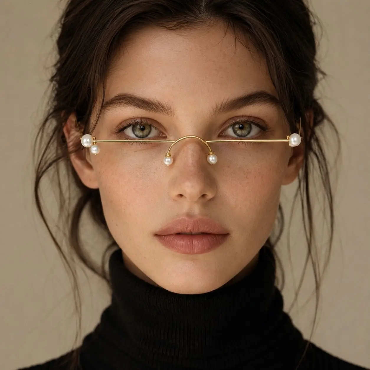 Pearl Decor No Lens Rimless Glasses Women Metal Half Frame Foldable Party Street Shooting Eyewear Accessories Girl Gifts