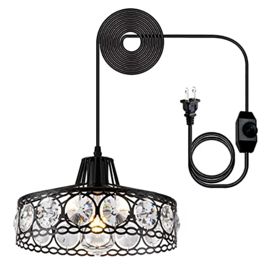 

Plug in Crystal Pendant Light Black Industria Metal Chandelier Swag Light with 15Ft Cord and On/Off Switch Modern Light Fixture