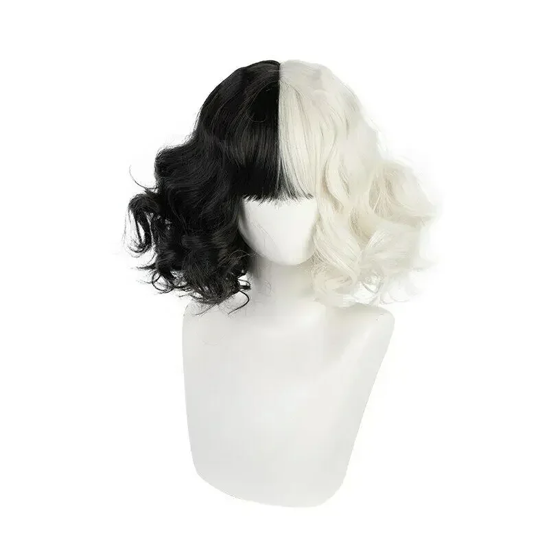Anime Cruella De Vil Cosplay Wig Short Cruly Half Black White Heat Resistant Synthetic Hair Halloween Wigs WigCap CMM221