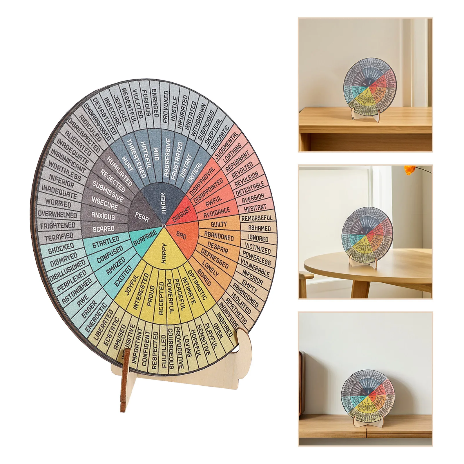 Wooden Emotion Wheel Double Sided Emotional Chart Desk Decoration for Home Office School Psychological Health Display Feelings