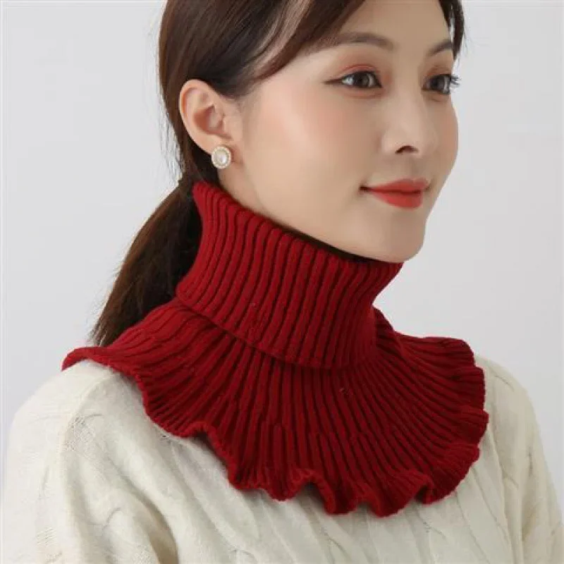 2pcs Winter Detachable Knitted Turtleneck Collar for Women Elegant Ruffle Edge Fake Collar Thicken Warmer Cover Neck Guard Scarf