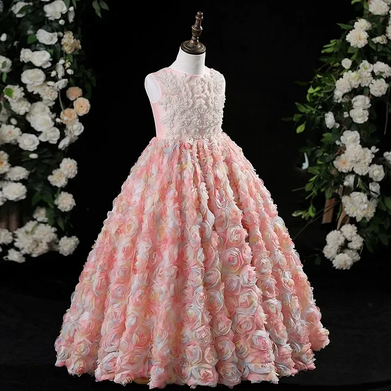 Girls First Communion Flower Dress Wedding Party Dresses for Kids Piano Performance Vestidos Children Pageant Princess Ball Gown