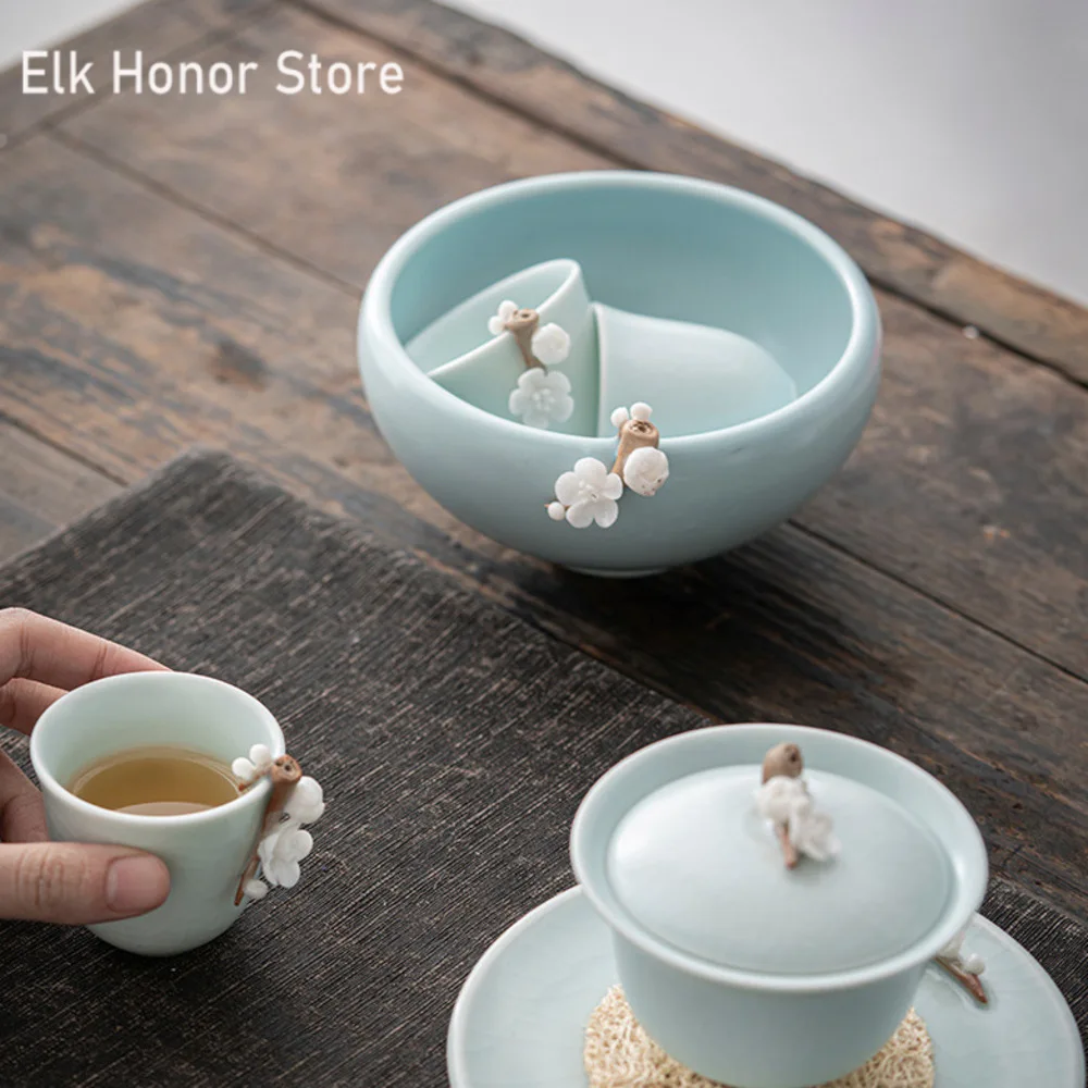 390ml Azure Ru Kiln Porcelain Tea Wash Bowl Hand Pinch Flower Ceramic Tea Residue Bucket Japanee Tea Dust Cylinder Barrel Gifts