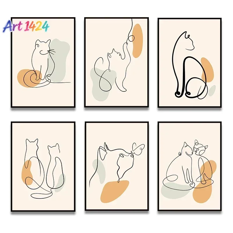 Northern Europe  One Line Cat Minimalist  Canvas Painting Posters and Printing Murals A Living Room and Bedroom Home Decorati
