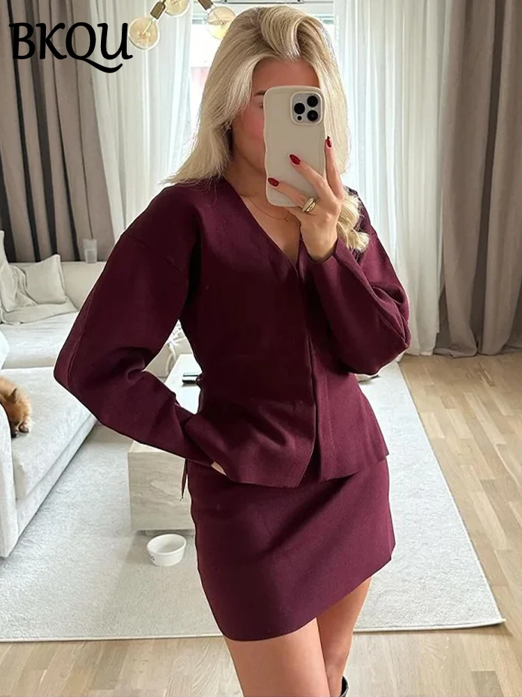 BKQU Elegant Knit V-neck Cardigan Mini Skirt Set Women Slim Long Sleeve Two Piece Set Female Sweater High Waist Skirts Outfits