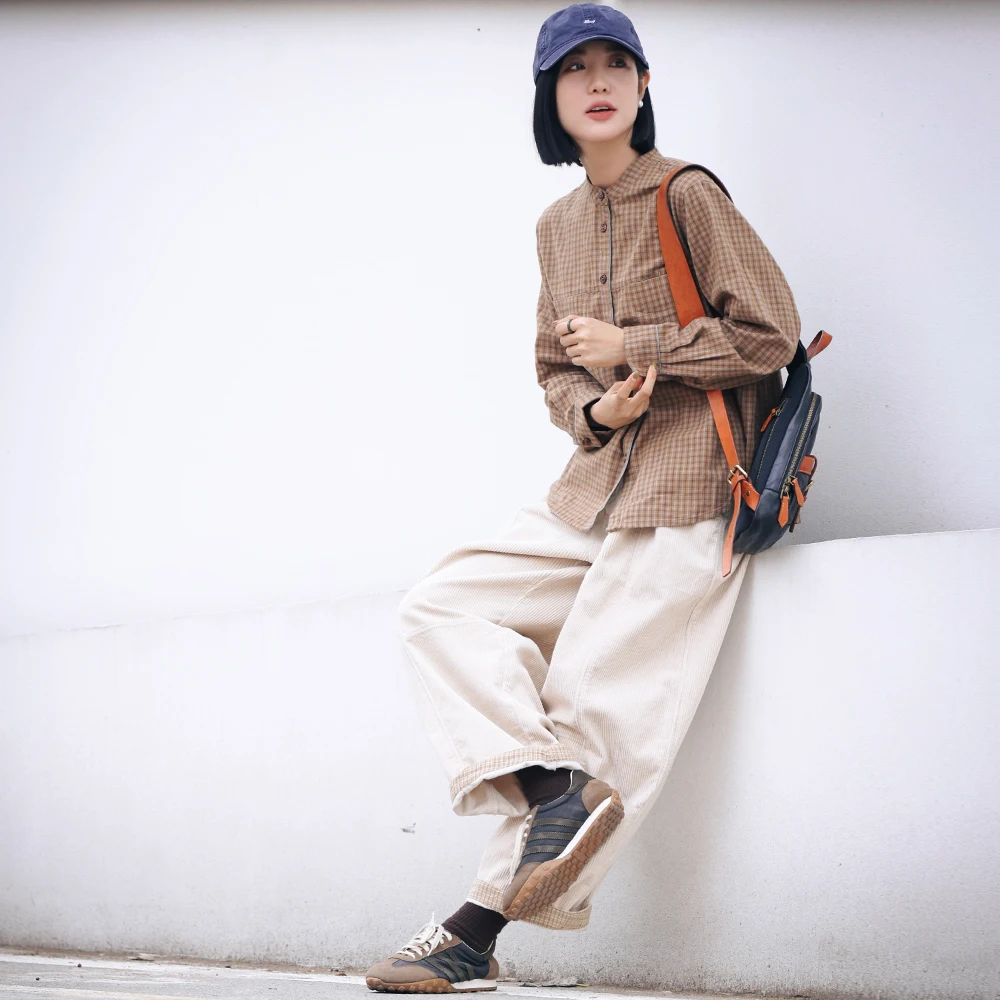 

Pure Cotton Plaid irt Women's Stand Collar Brued Fabric Breathable Comfortable Straight Tube Long Sve Autumn Winter irt