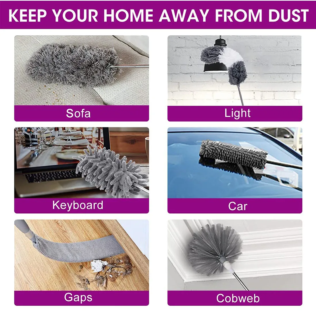 B17C 6Pcs Duster Cleaning Kit,Extendable Microfiber Feather Duster for Cleaning Dust Cobweb Ceiling Fans Lights Blinds Cars