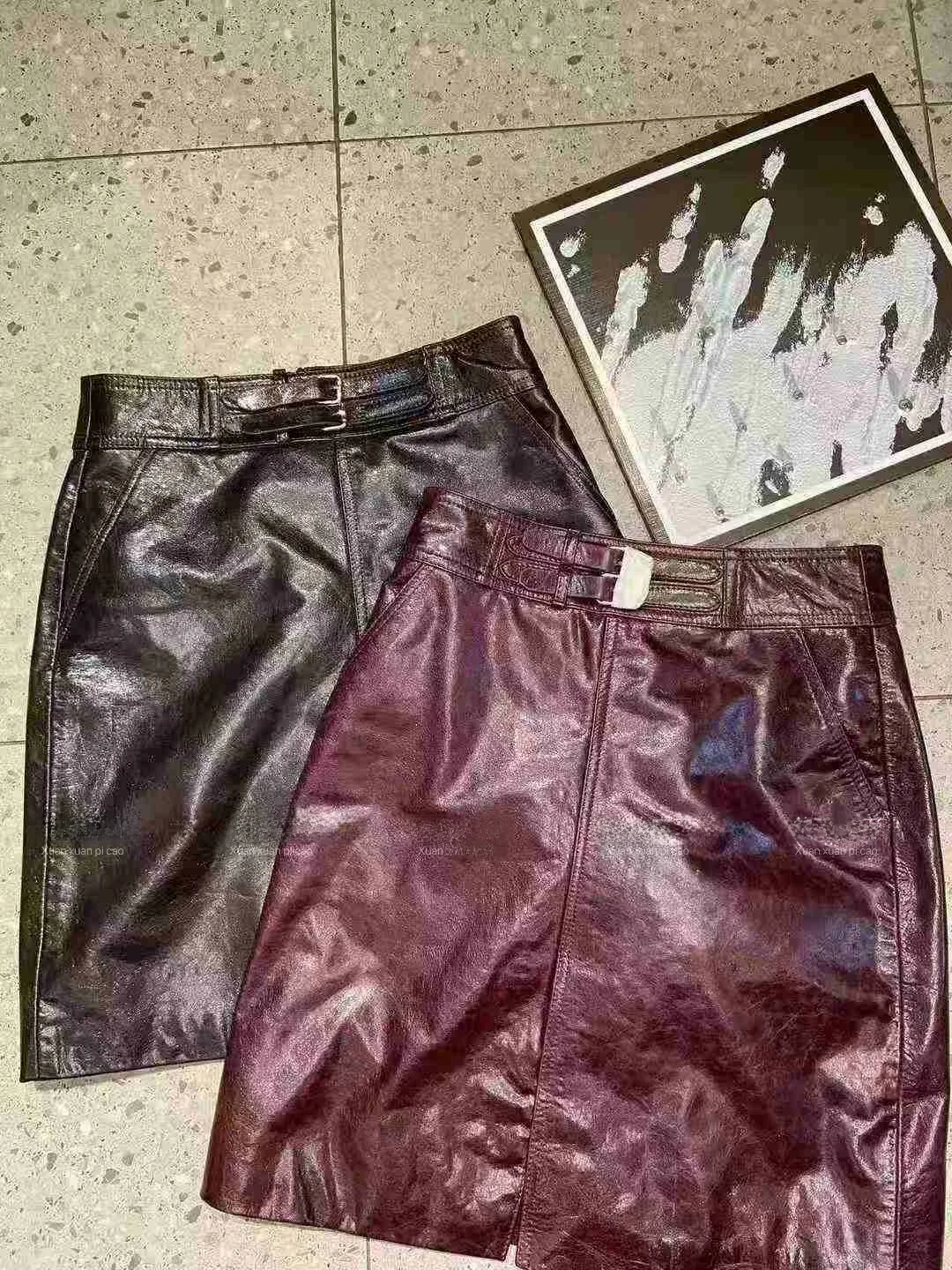 

Стильная черная юбка А-силуэта из натуральной овчины для женщин, с высокой талией, утягивающая, для повседневной носки, кожаная юбка