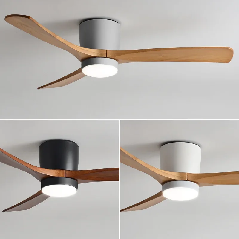 Low Profile Ceiling Fan With Lights 3 Carved Wood Fan Blades Noiseless Reversible Motor Remote Control Flush Mount