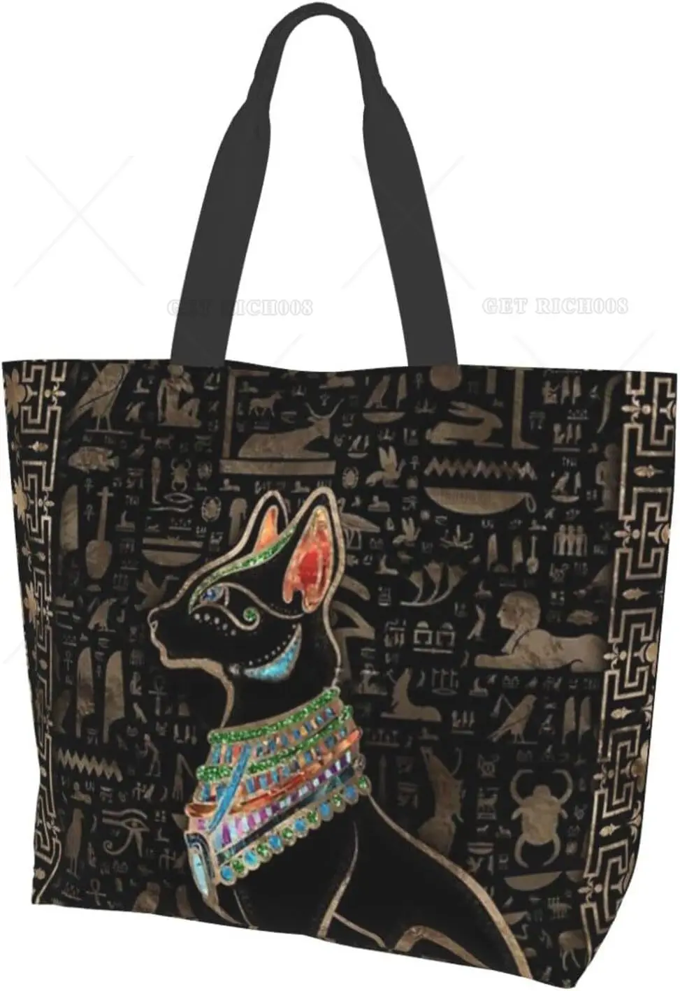 Egyptian God Cat Tote Shoulder Bag Hieroglyphs Bags Storage Handle Shopping Bag Portable Supermarket Bag Tote Bag One Size