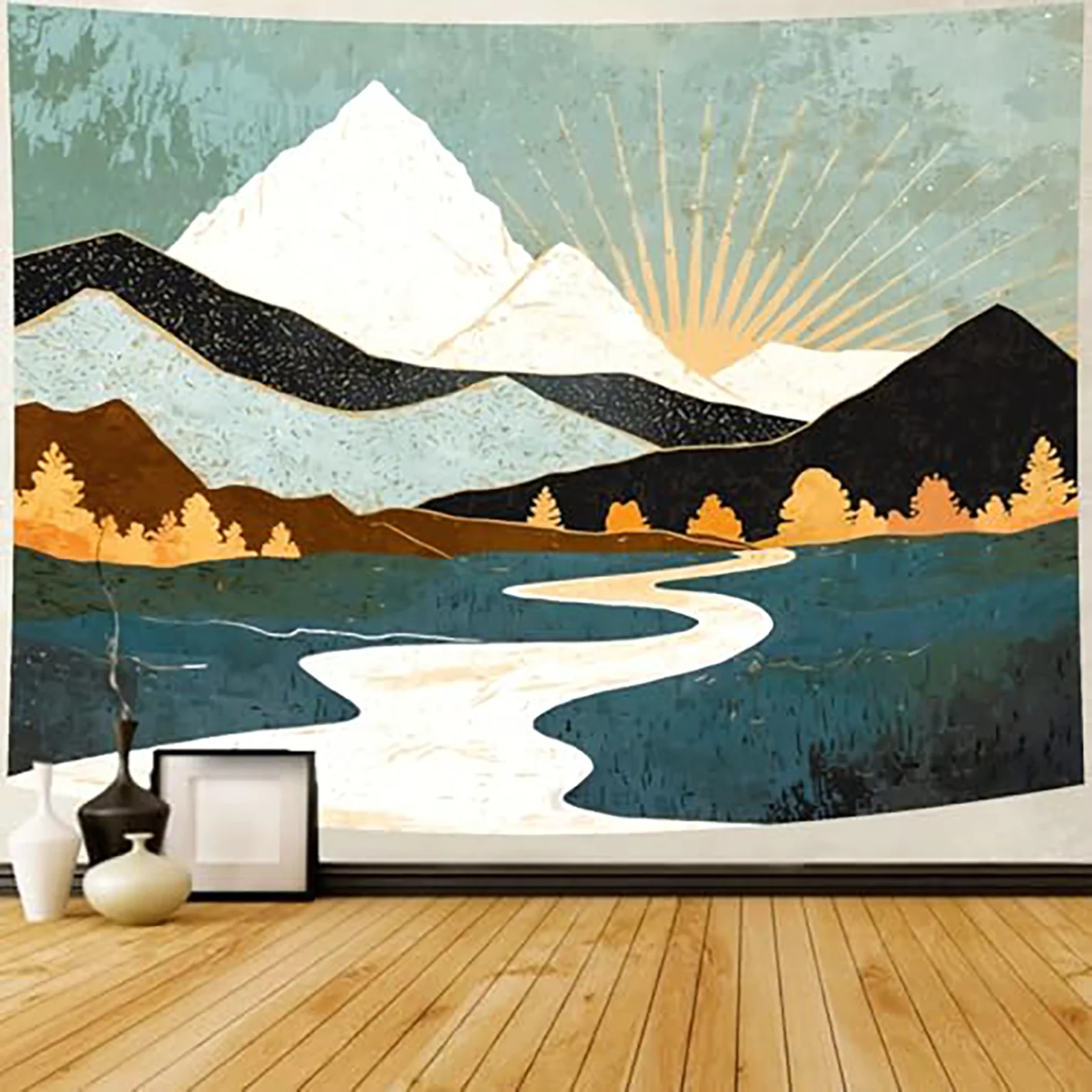 Boho-Berg-Wandteppich – Sonnenuntergang-Waldlandschaft, psychedelischer Wandbehang für Schlafzimmer und Wohnzimmer