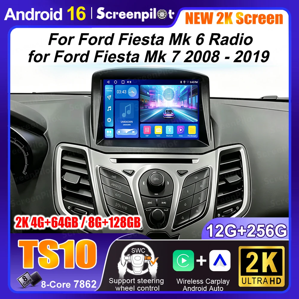 Radio Android 16 con Carplay para Ford Fiesta Mk 6, para Ford Fiesta Mk 7 2008-2019, Reproductor Multimedia de Video, Pantalla, GPS, WiFi