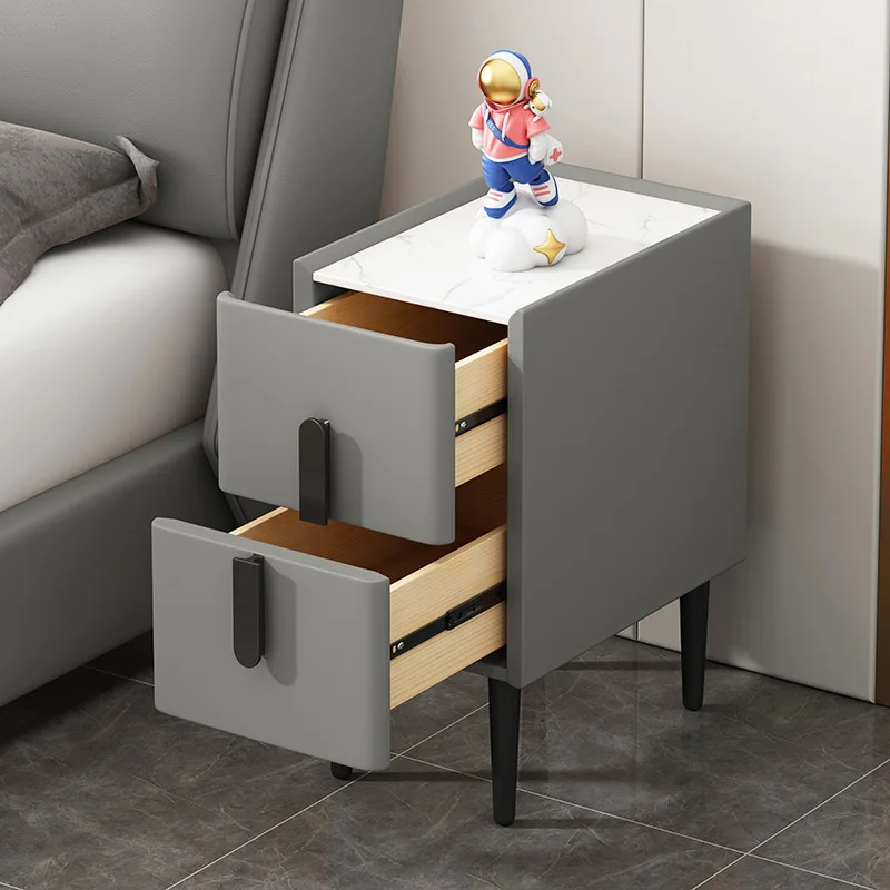 Modern Style Faux Leather 2 Drawer Bedside Table with Sintered Stone Top Solid Wood Bedroom Narrow Nightstand Storage Cabinet