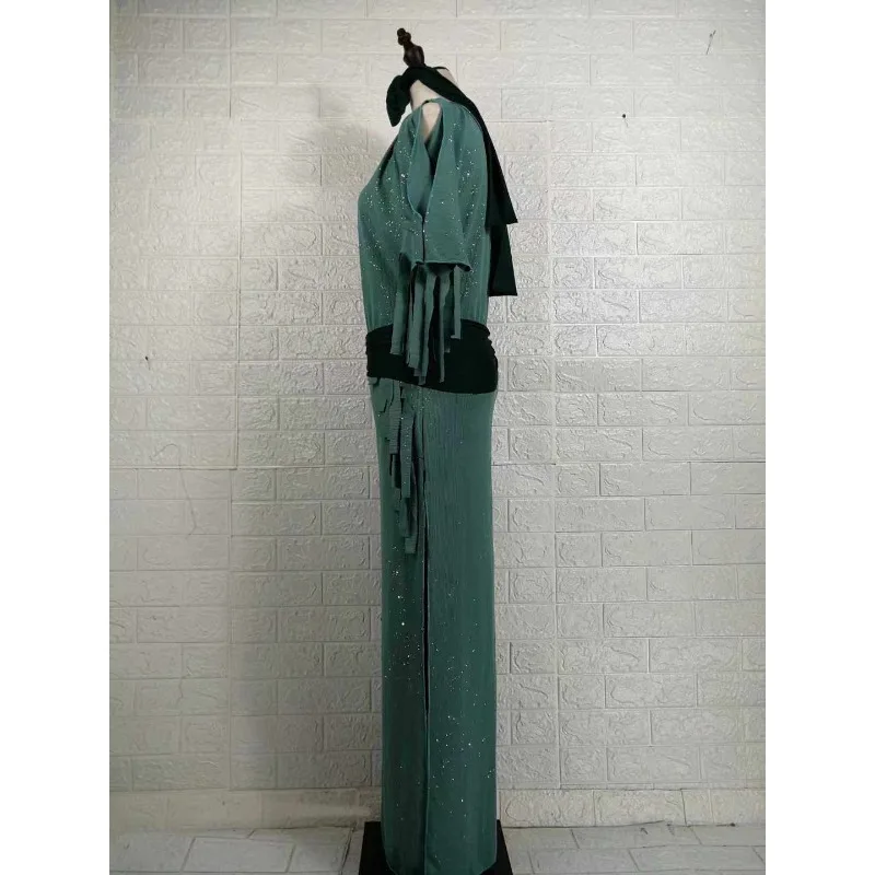 customized green low-key micro sparkling fabric belly dancewear practice gown robe 3pcs