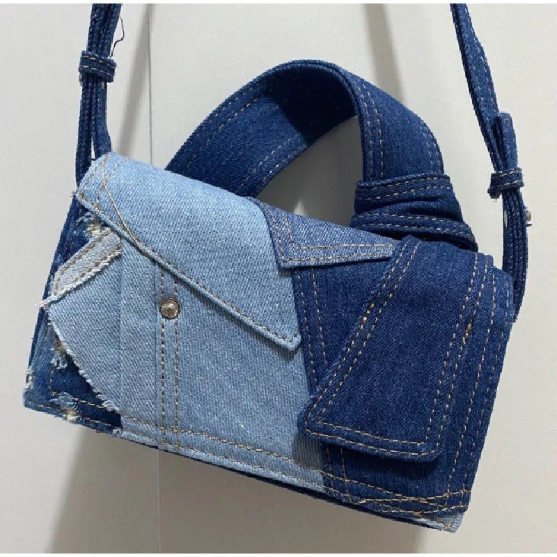 Winter New Simple Denim Splicing Small Square Bag Ladies Fashion High Quality Handbag Multifunctional Hundred Shoulder Bag