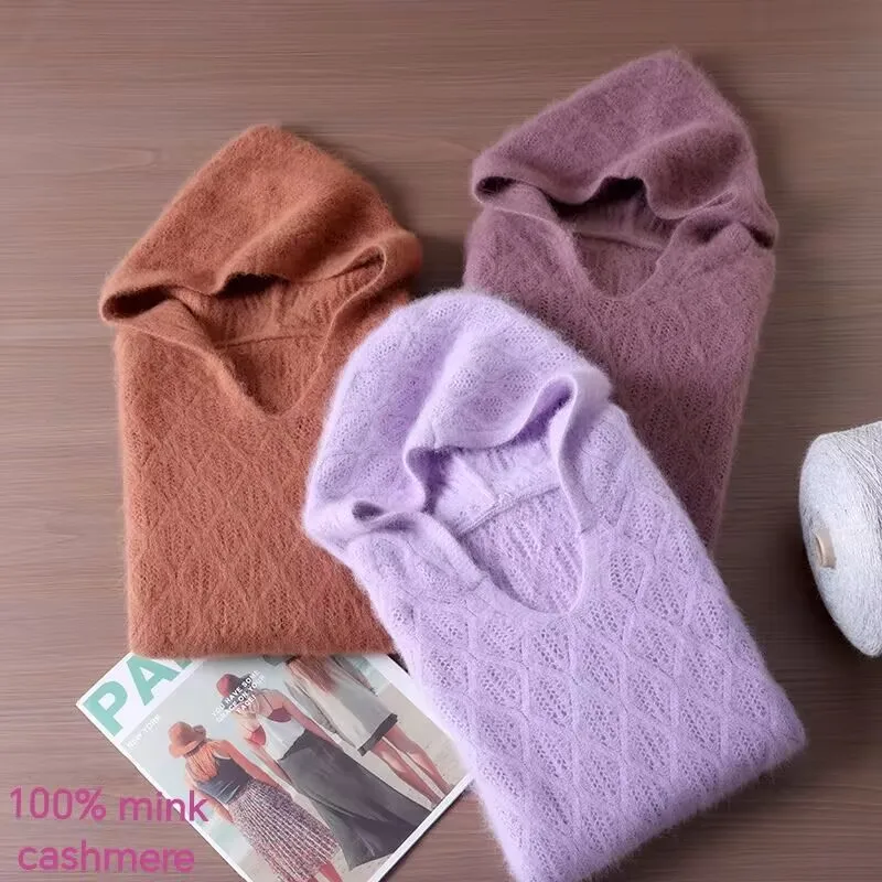 

2025 Autumn Winter New 100% Pure Mink Fur Sweater Women's Hoodie Loose And Thick Pullover Top Base Knitted Sweater Koreanversion