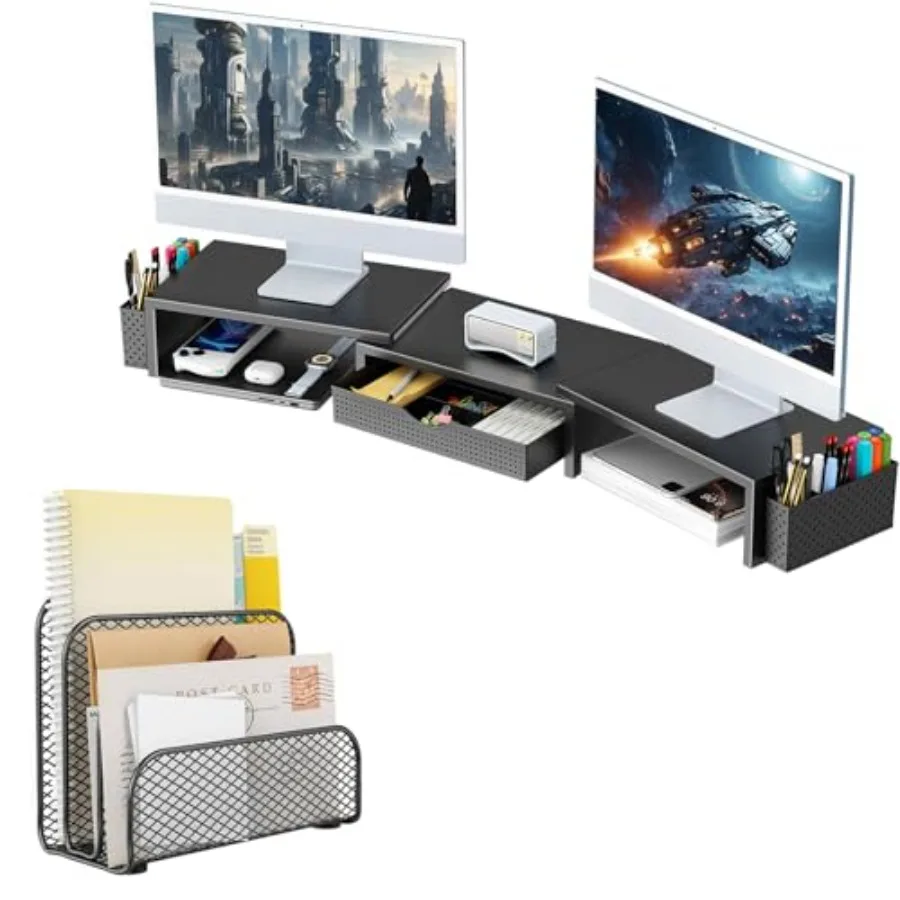 

Подставка для двух мониторов с органайзером для бумаг, черная, для столешницы, компактный дизайн, прочная металлическая конструкция, для организованной работы