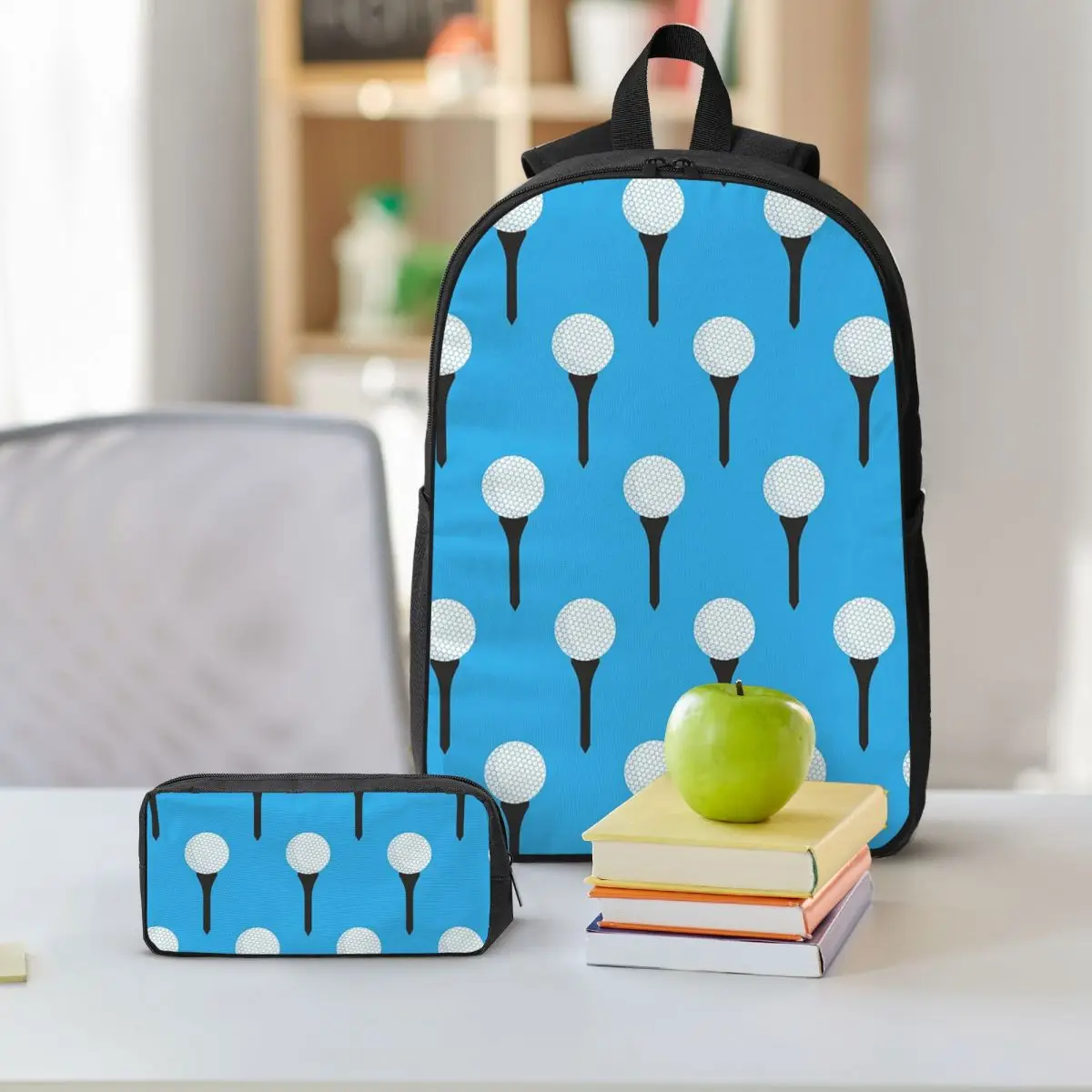 Golf Ball And Tee Pattern (Cyan Blue) Backpack Student BookBag School Bag Shoulder Bags 3ps Insulated Lunch Bag Pencil Case