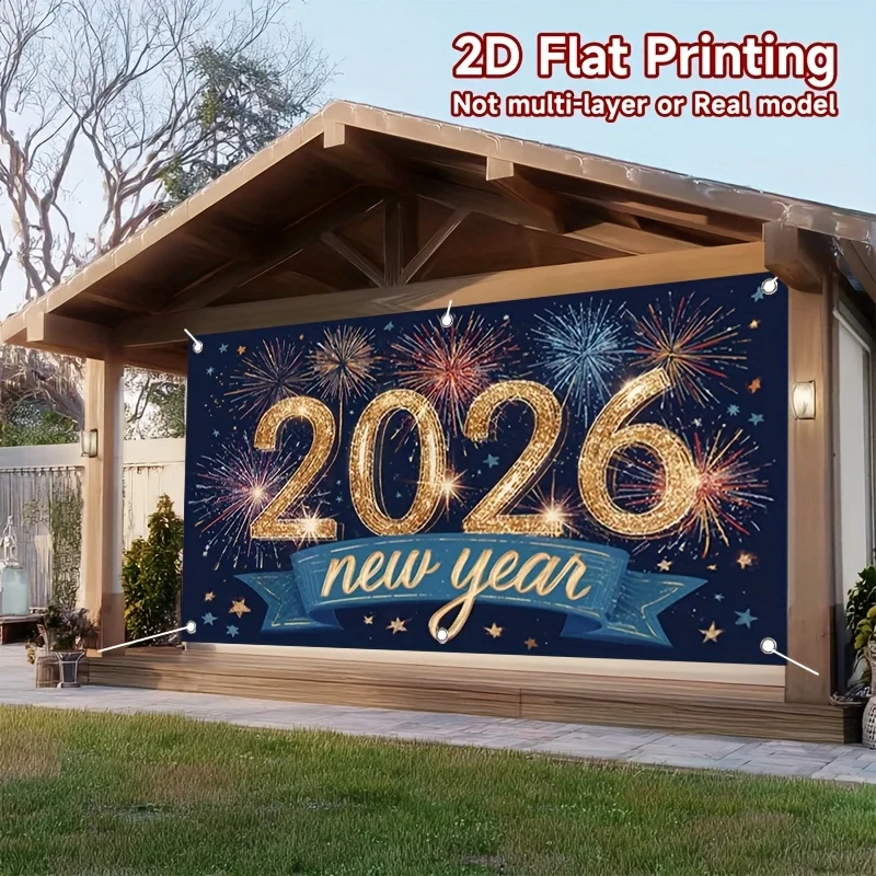 علم باب ثنائي الأبعاد خطة ثنائية الأبعاد، 1 2026 علم حفلة رأس السنة الجديدة - الألعاب النارية للمهرجانات وتصميم الحروف الذهبية
